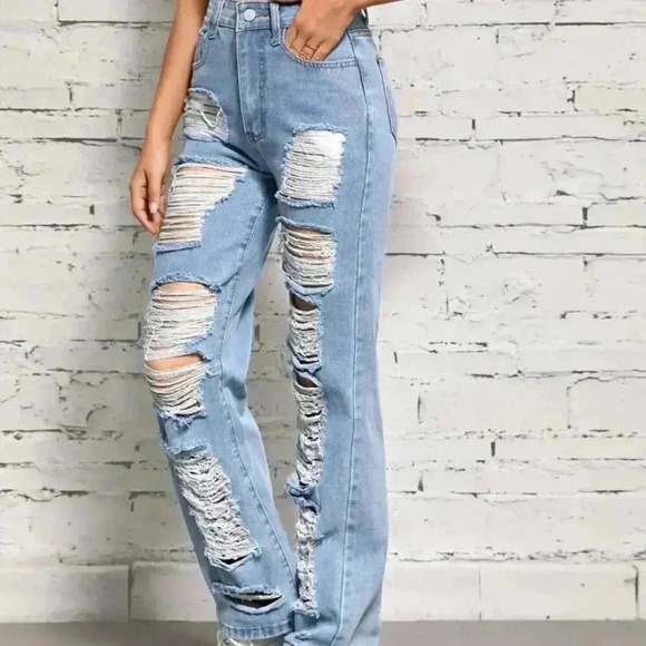 Loose Fit Straight Ripped Holes Denim Pants (Color: Light Blue) - Picture 1 of 2